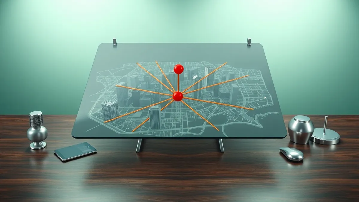 Illustration: A transparent glass map of a city grid sits on a wooden desk.