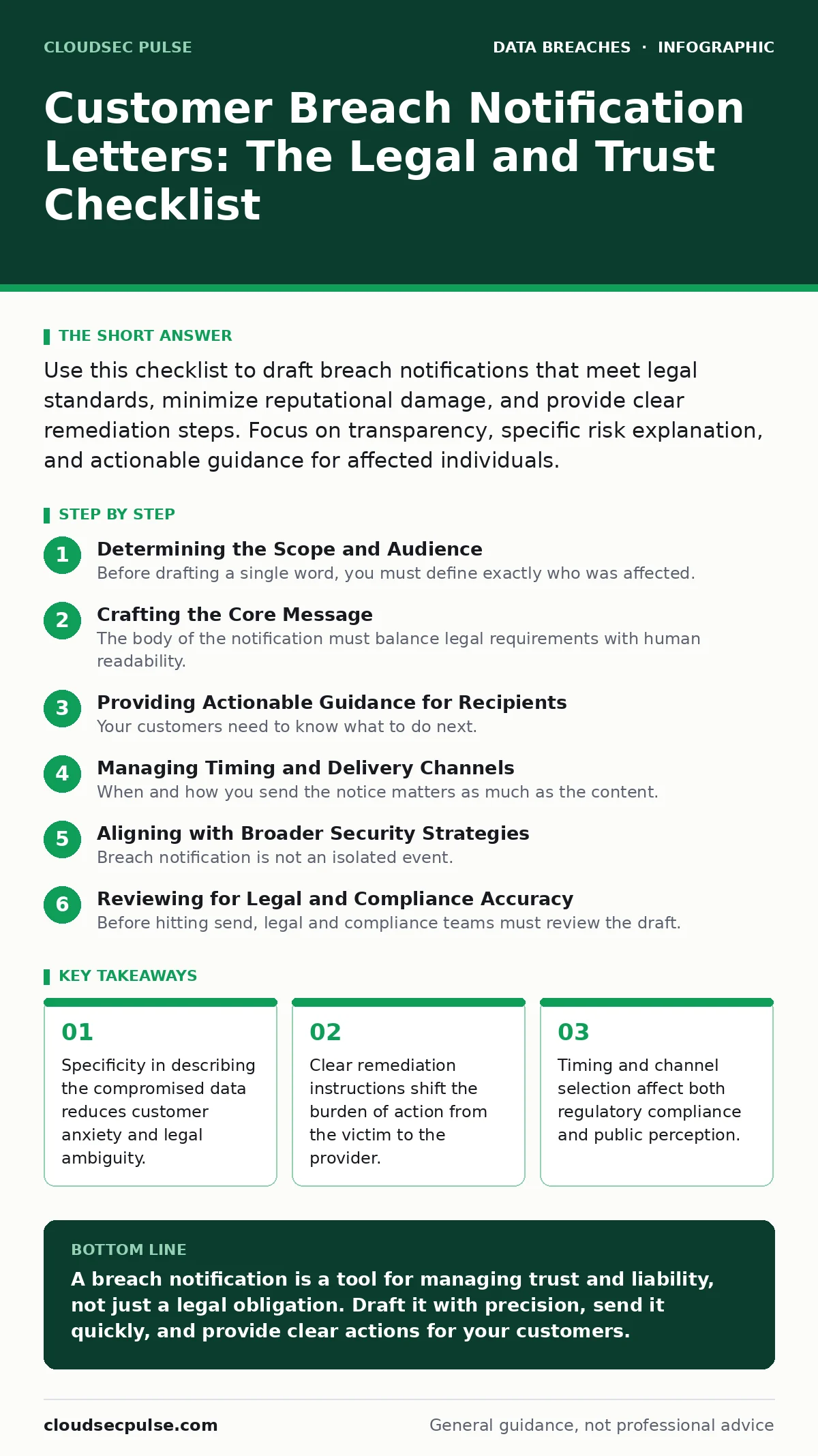 Infographic: Customer Breach Notification Letters: The Legal and Trust Checklist. Specificity in describing the compromised data reduces customer anxiety and legal ambiguity. Clear remediation instructions shift the burden of action from the victim to the provider. Timing and channel selection affec