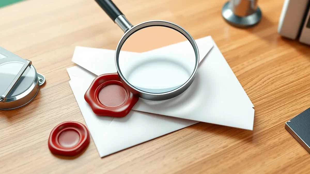 Illustration: A blank white envelope rests on a wooden desk next to a red wax seal.