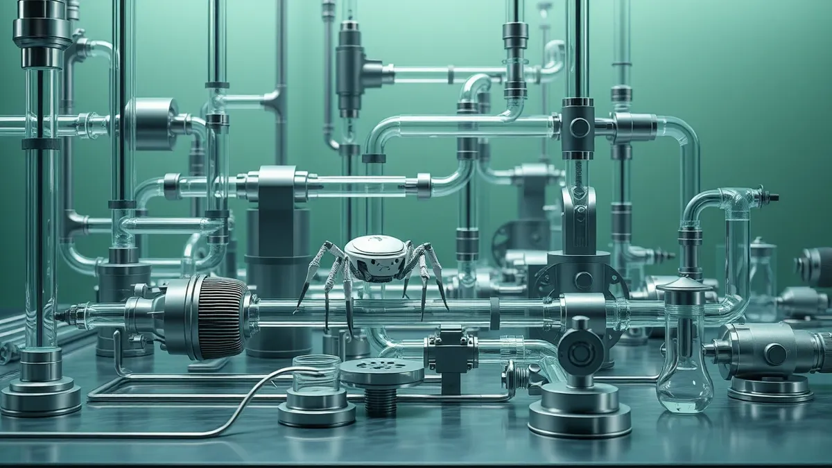 Illustration: A complex maze of interconnected glass pipes and mechanical gears sits on a workbench.