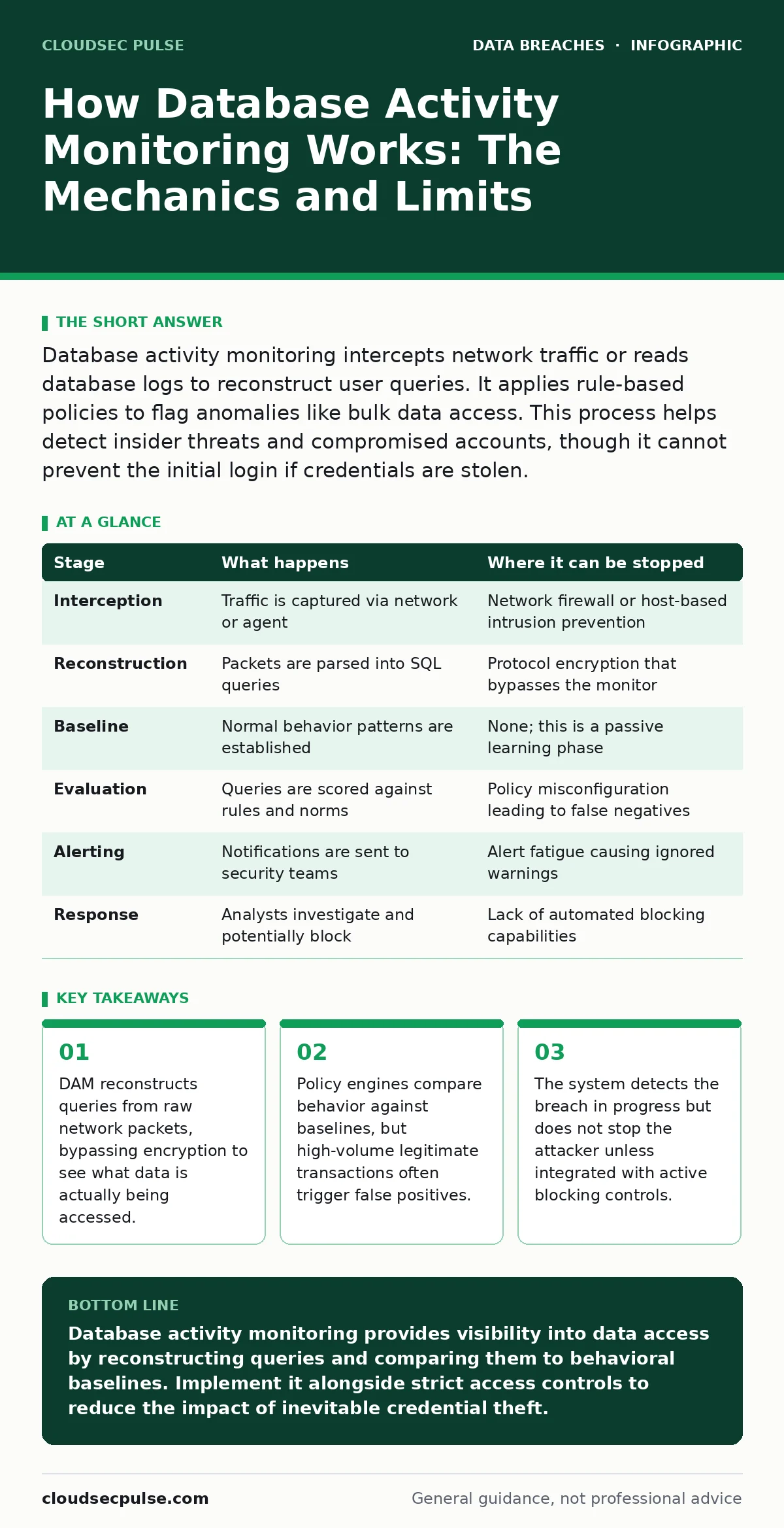 Infographic: How Database Activity Monitoring Works: The Mechanics and Limits. DAM reconstructs queries from raw network packets, bypassing encryption to see what data is actually being accessed. Policy engines compare behavior against baselines, but high-volume legitimate transactions often trigger