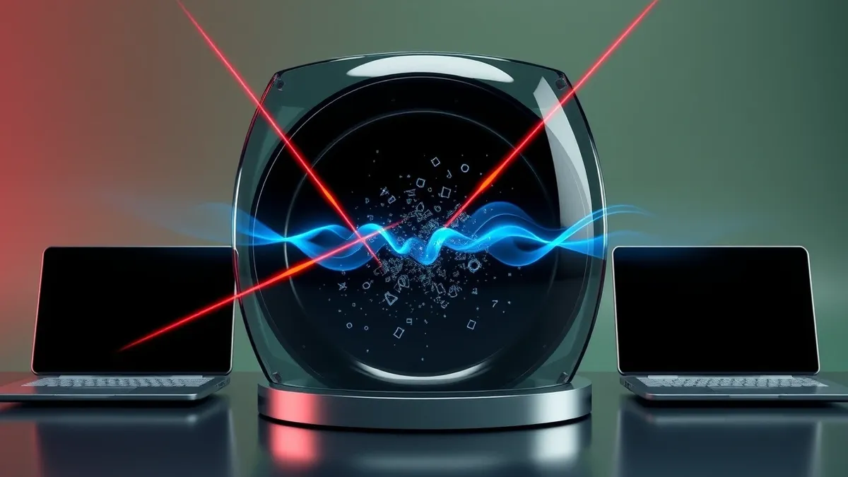 Illustration: A transparent glass shield hovers over an open cylindrical container filled with swirling dark data streams.