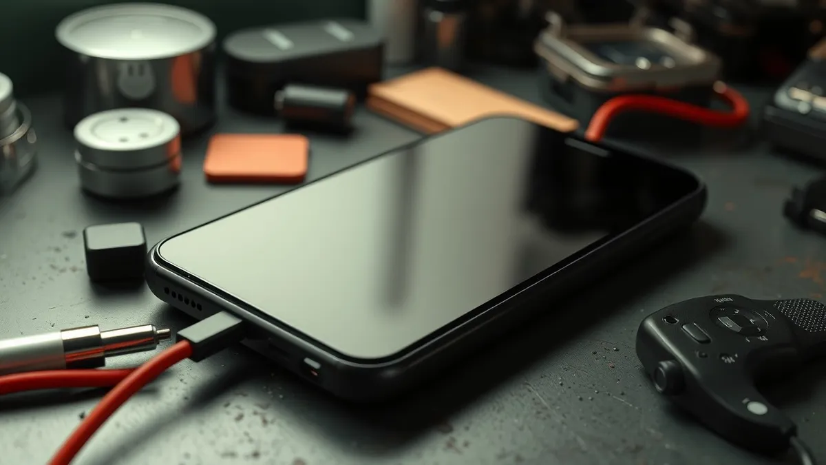 Illustration: A cracked, low-cost black smartphone rests on a cluttered workbench, its screen dark and reflecting harsh overhead light.