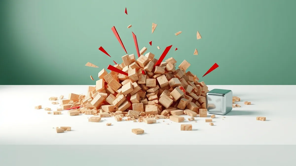 Illustration: A chaotic tangle of fractured wooden blocks spills across a clean white desk, representing a broken content management system.