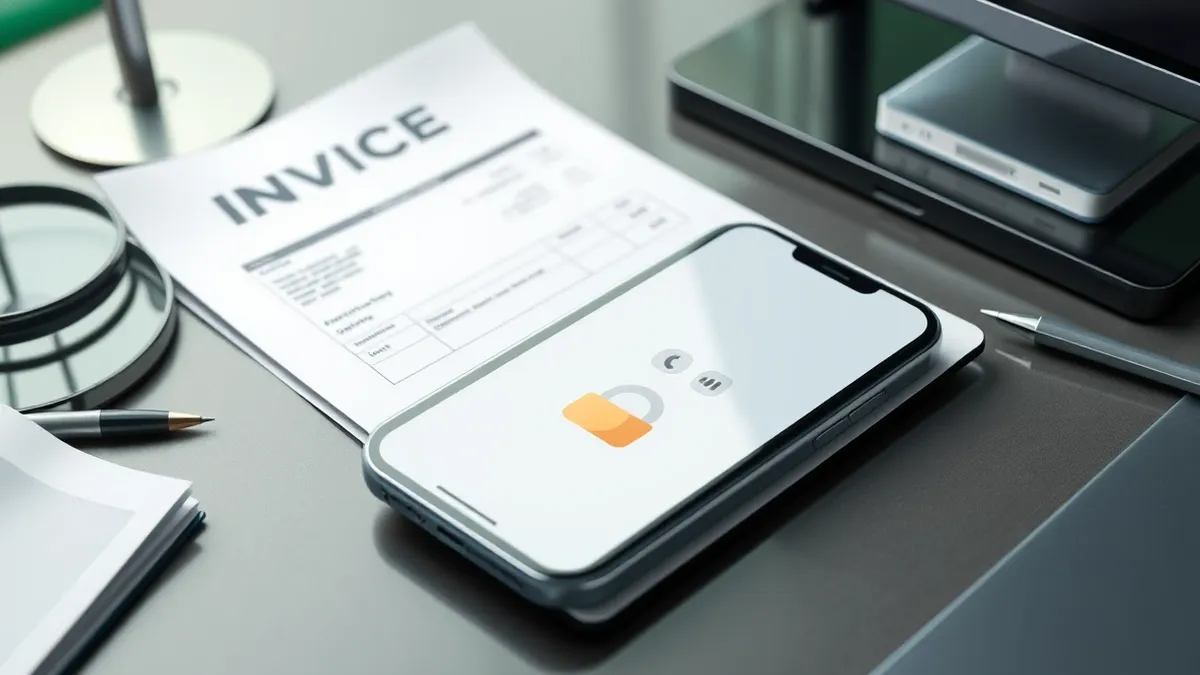 Illustration: A generic smartphone rests on a cluttered office desk beside a printed paper invoice featuring blank lines and abstract shapes.