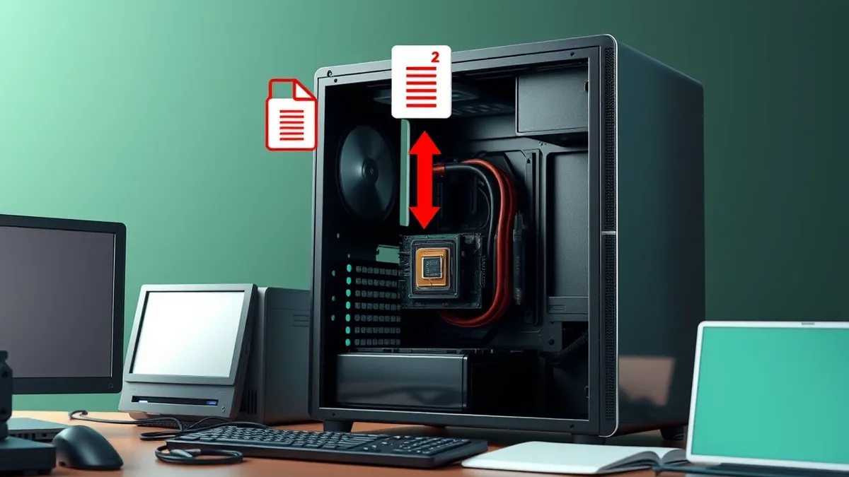 Illustration: A generic desktop computer tower sits open on a cluttered workbench.