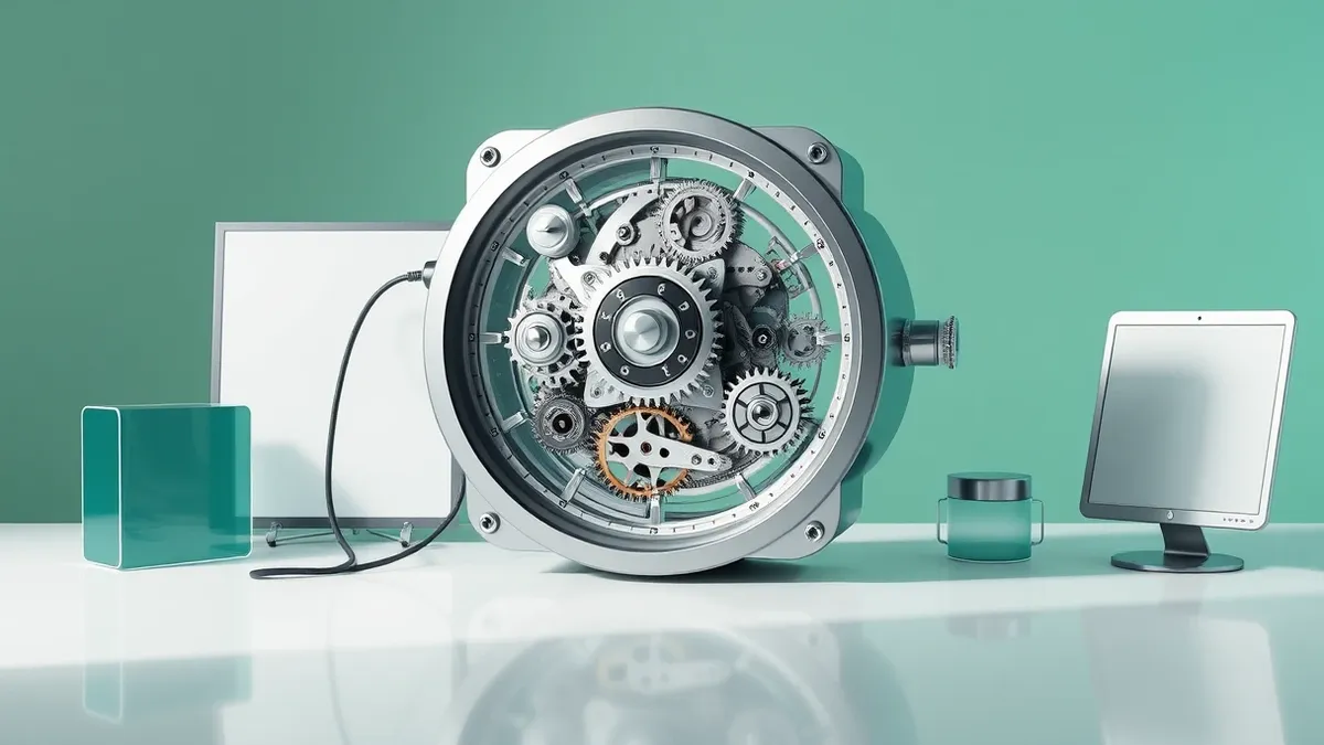 Illustration: A large, intricate clockwork mechanism sits exposed on a sterile white table.