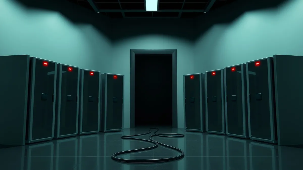 Illustration: A cluster of eight identical gray server towers sits in a dim room, each with a single red warning light blinking steadily on the front panel.