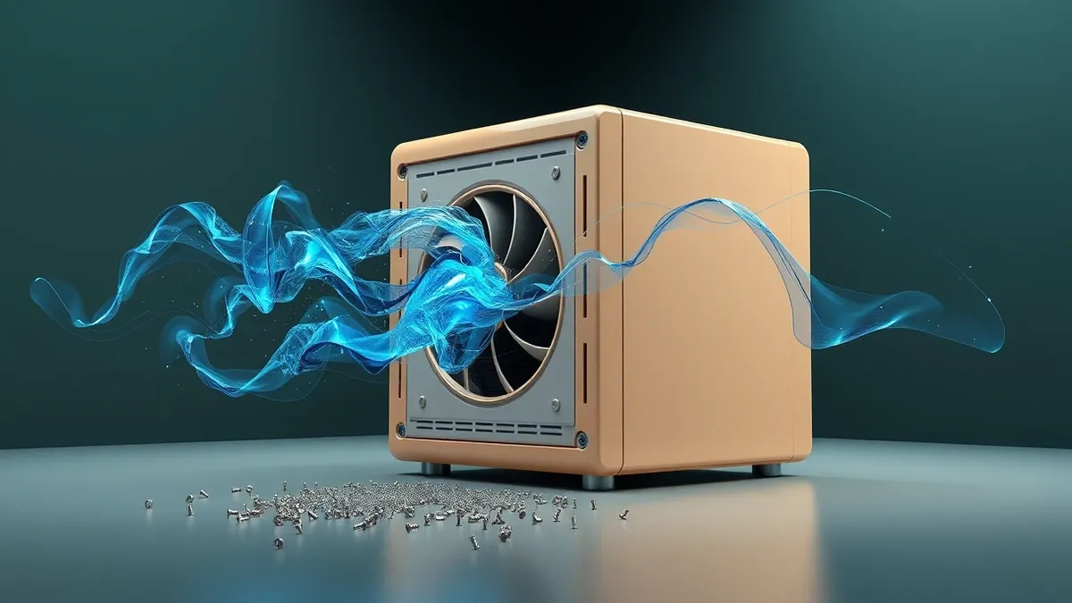 Illustration: A beige network server sits in a dark room with its ventilation fan spinning rapidly.