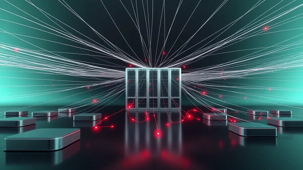 Illustration: A sprawling web of thin white threads extends from a central cluster of servers out into a dark void.