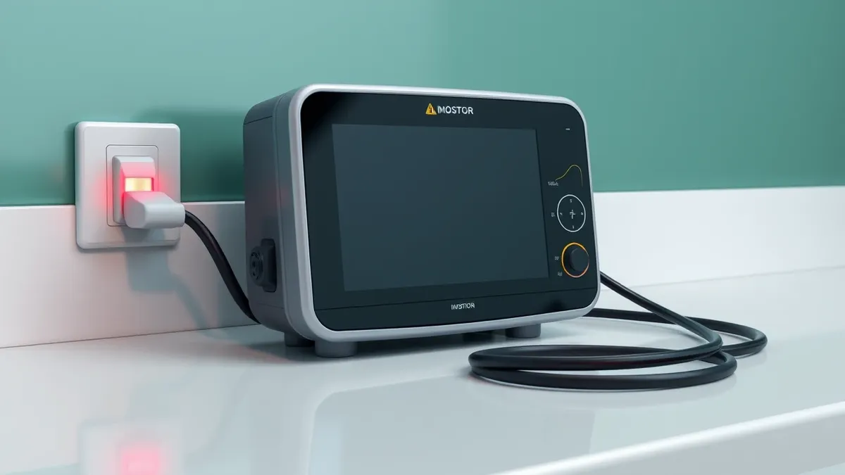 Illustration: A sleek digital patient monitor sits unplugged on a sterile hospital countertop, its thick black cable coiled neatly beside the empty wall outlet.