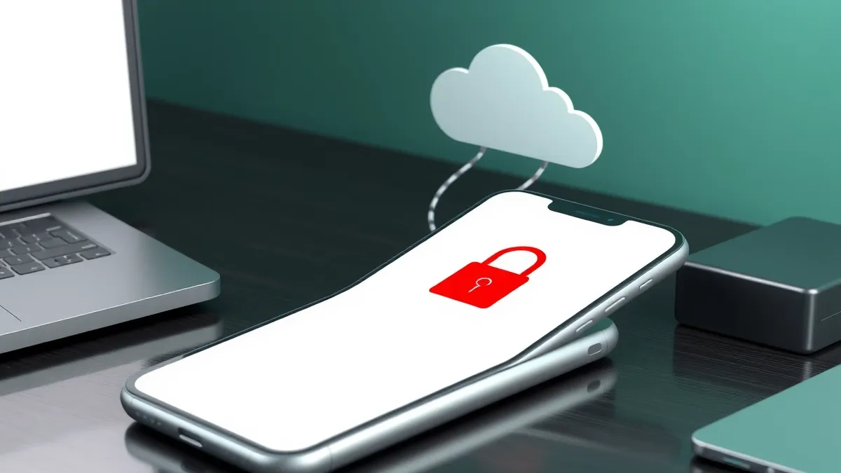 Illustration: A sleek silver smartphone rests on a dark wooden desk, its screen displaying a single bold red lock icon against a blank white background.