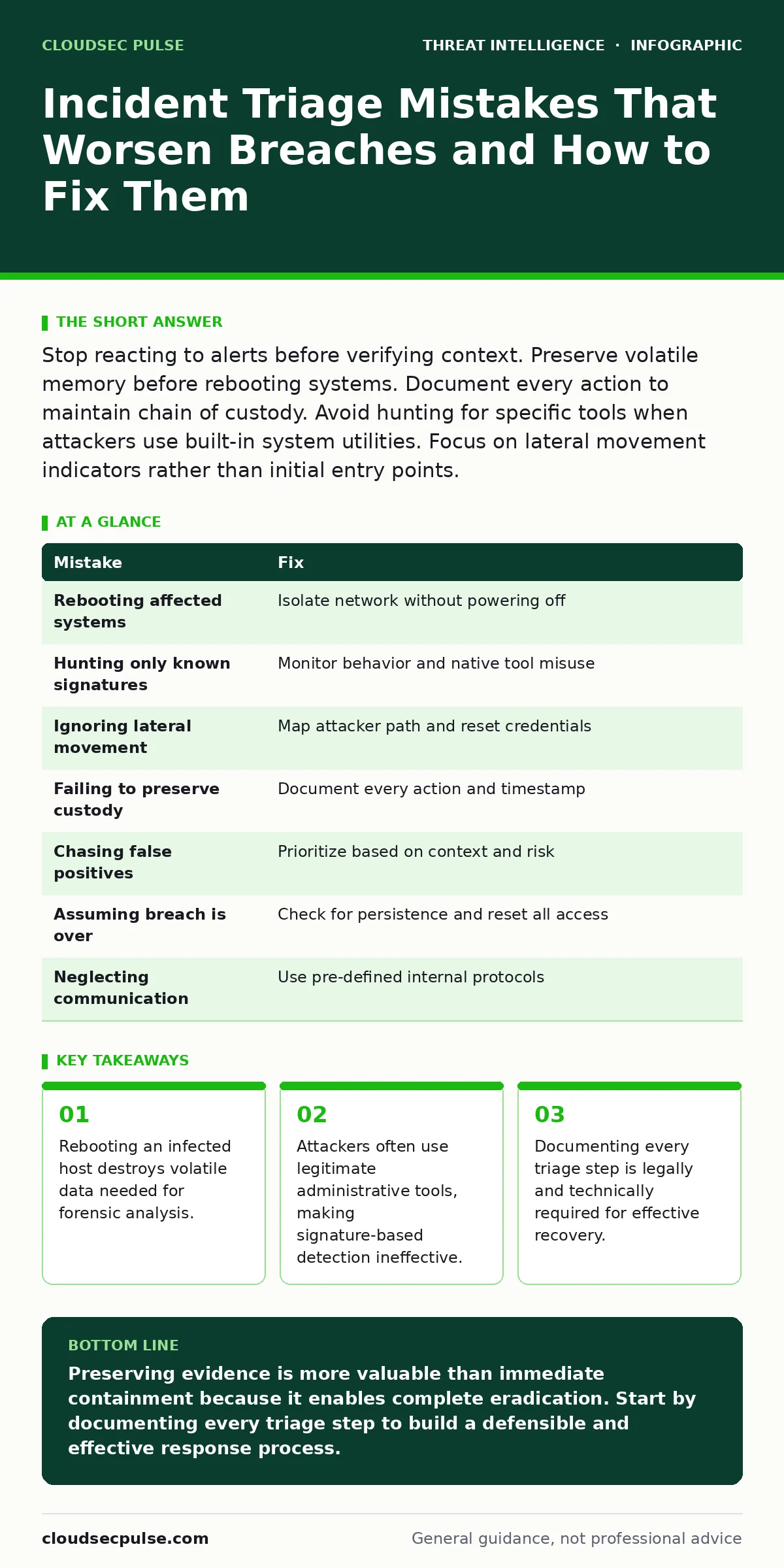 Infographic: Incident Triage Mistakes That Worsen Breaches and How to Fix Them. Rebooting an infected host destroys volatile data needed for forensic analysis. Attackers often use legitimate administrative tools, making signature-based detection ineffective. Documenting every triage step is legally