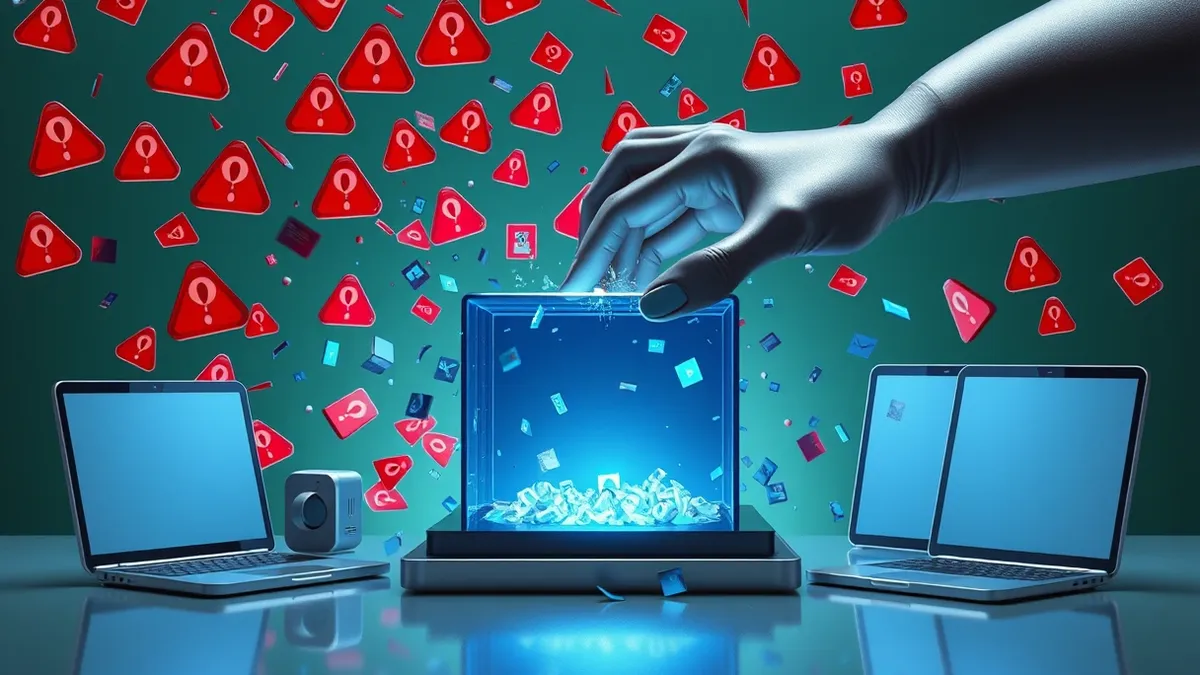 Illustration: A chaotic digital storm of red warning icons swirls around a fragile, glowing evidence box.