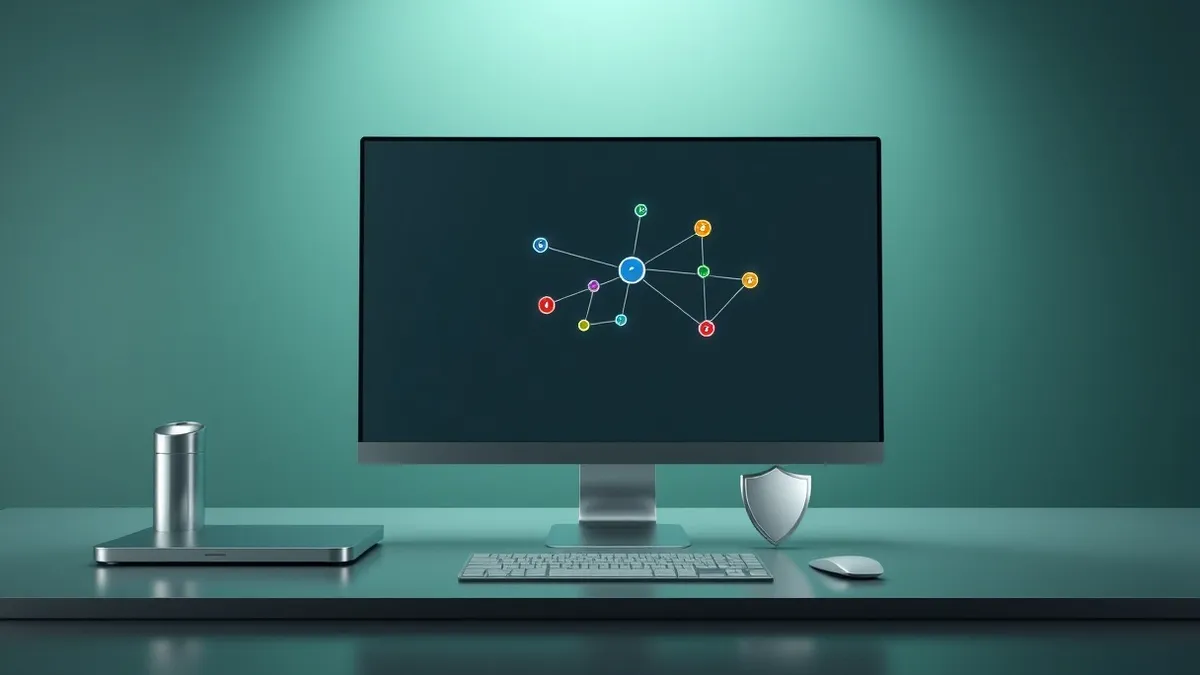 Illustration: A clean desktop monitor displays a simplified network map with colorful nodes and connecting lines, illustrating data flow between devices.