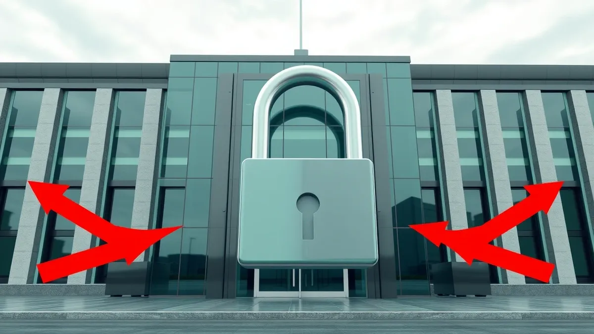 Illustration: A generic municipal government building sits under a cloudy sky while a large digital lock hangs open on its front door.