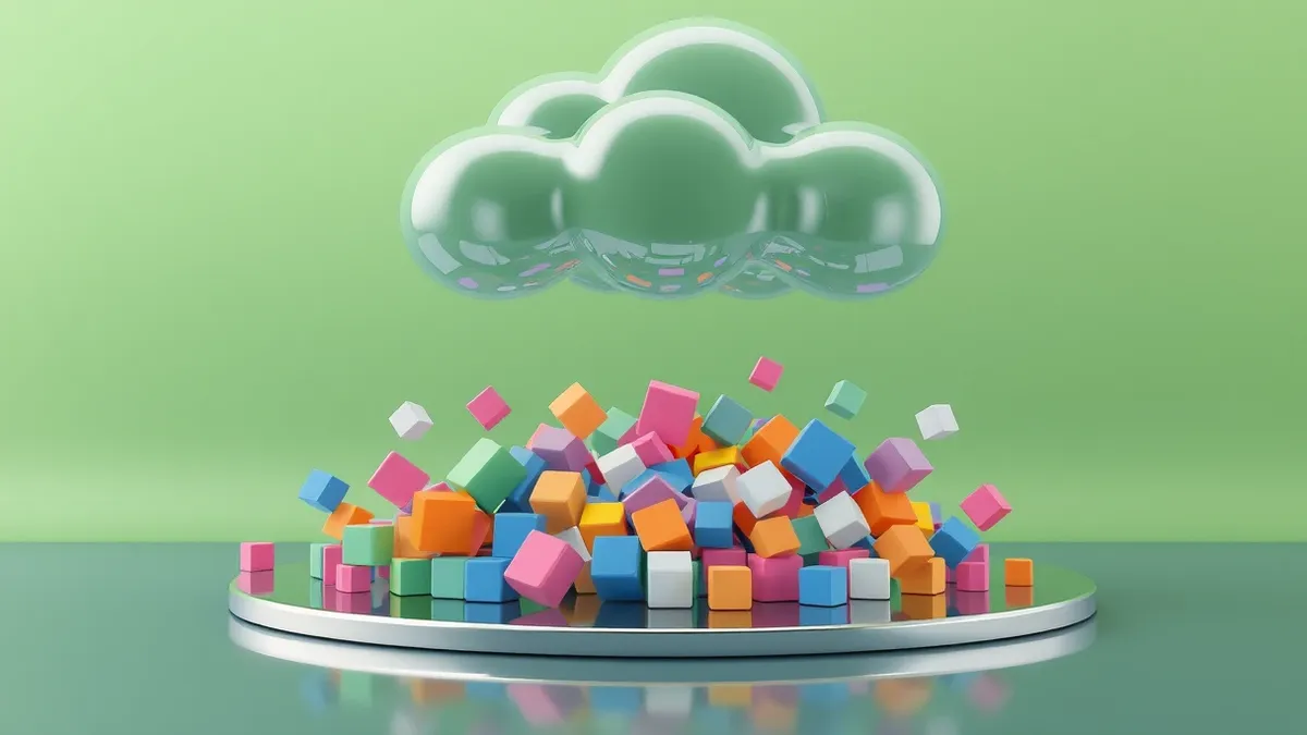 Illustration: A translucent, geometric cloud structure floats above a chaotic stream of shifting, colorful cubes that continuously change shape and position.