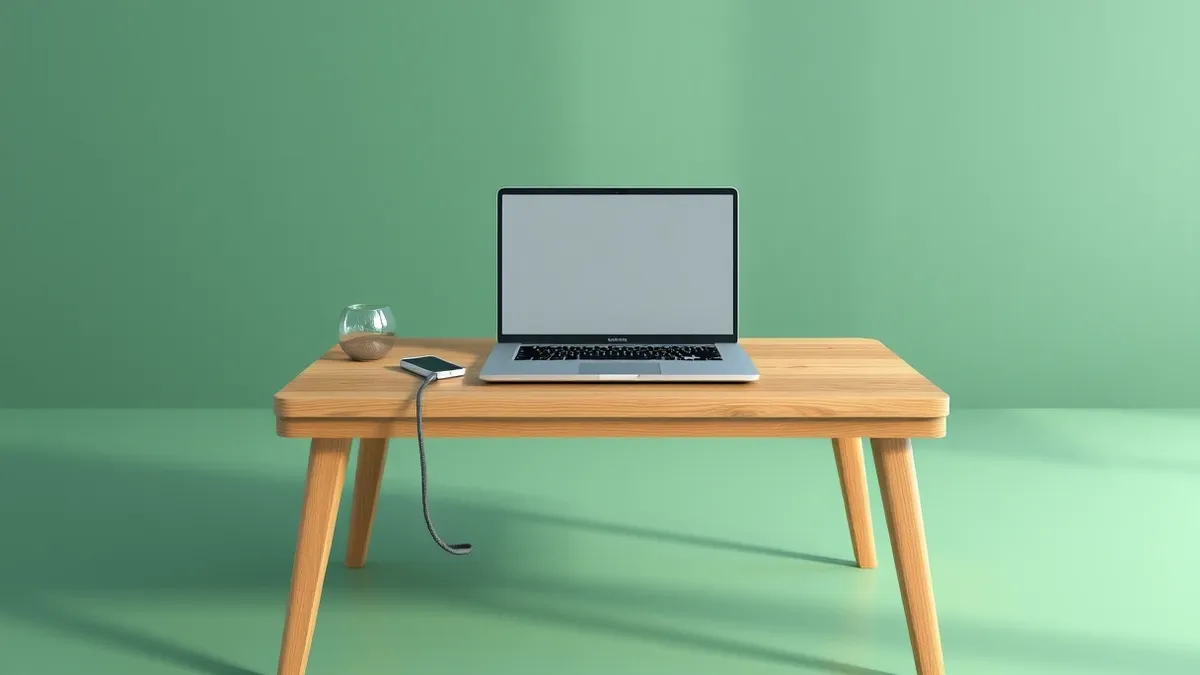 Illustration: A small wooden desk sits in a tidy office, featuring a laptop with a blank screen and a single cable neatly coiled beside it.