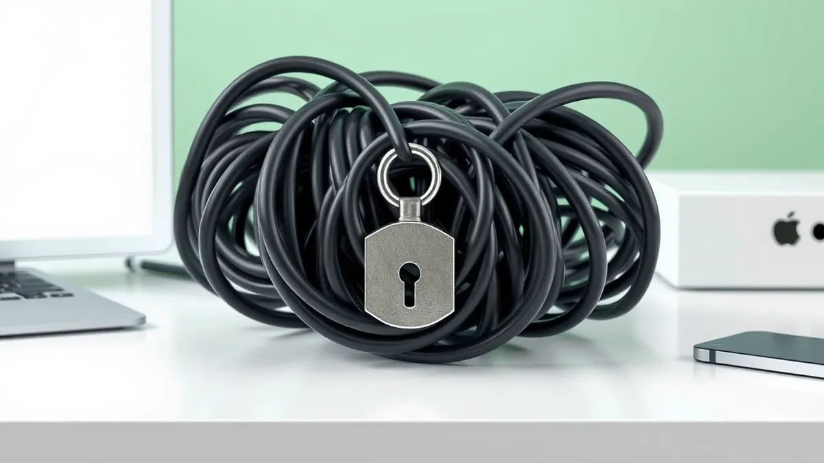 Illustration: A tangled knot of thick black electrical wires rests on a clean white desk, with a single silver key embedded directly into the center of the messy bundle.