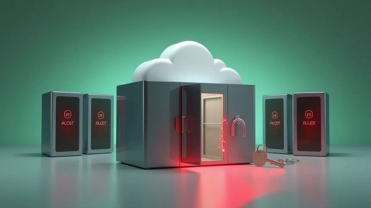 Illustration: A cloud server sits isolated in a digital void, its surrounding access controls glowing with cracked, red warning lines.