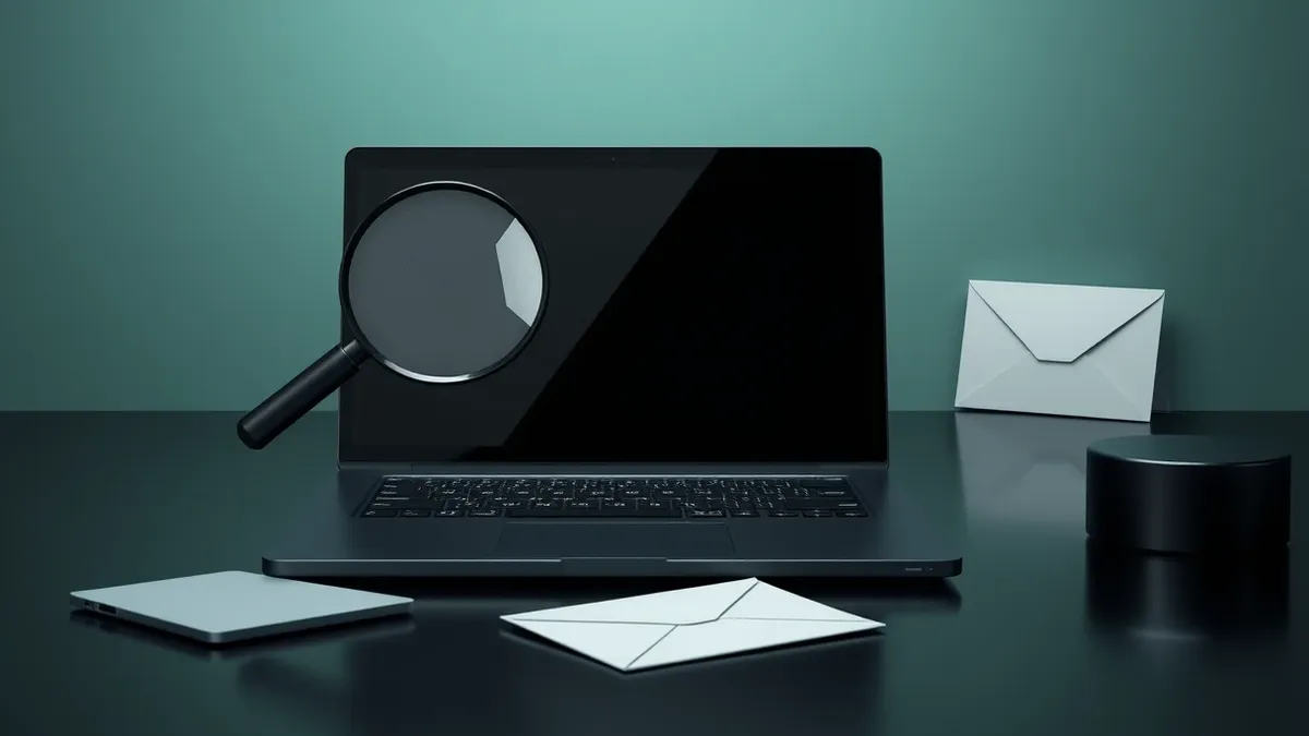 Illustration: A sleek black laptop sits open on a dark desk, its blank screen reflecting faint, abstract digital ripples.