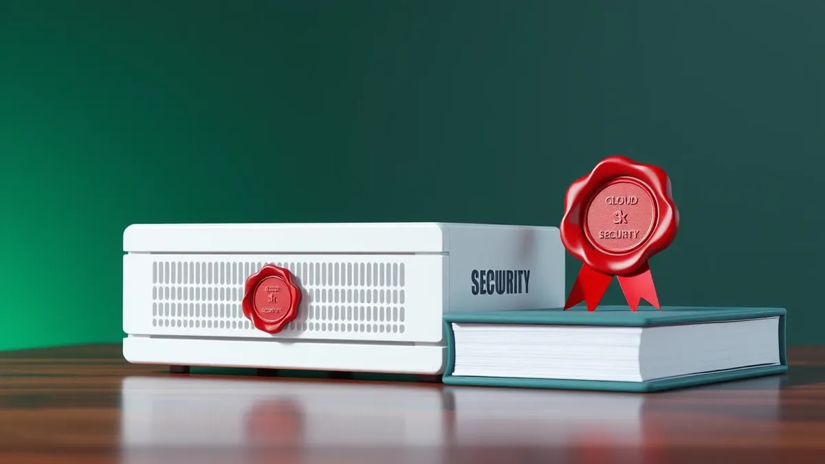 Illustration: A sleek white server module rests on a wooden desk beside a thick binder and a red wax seal, symbolizing the intersection of modern infrastructure and strict regulato