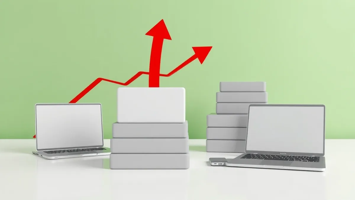 Illustration: A single red digital arrow points sharply upward from a stack of blank, gray software update boxes.