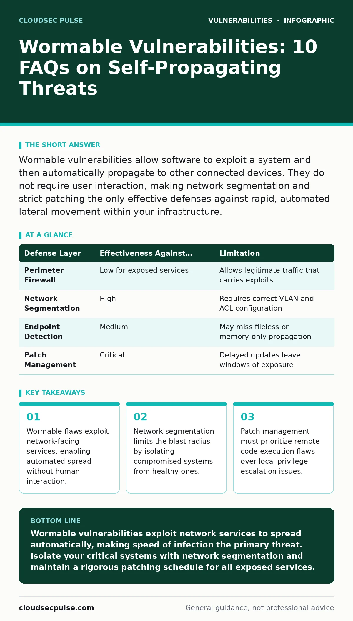 Infographic: Wormable Vulnerabilities: 10 FAQs on Self-Propagating Threats. Wormable flaws exploit network-facing services, enabling automated spread without human interaction. Network segmentation limits the blast radius by isolating compromised systems from healthy ones. Patch management must prio