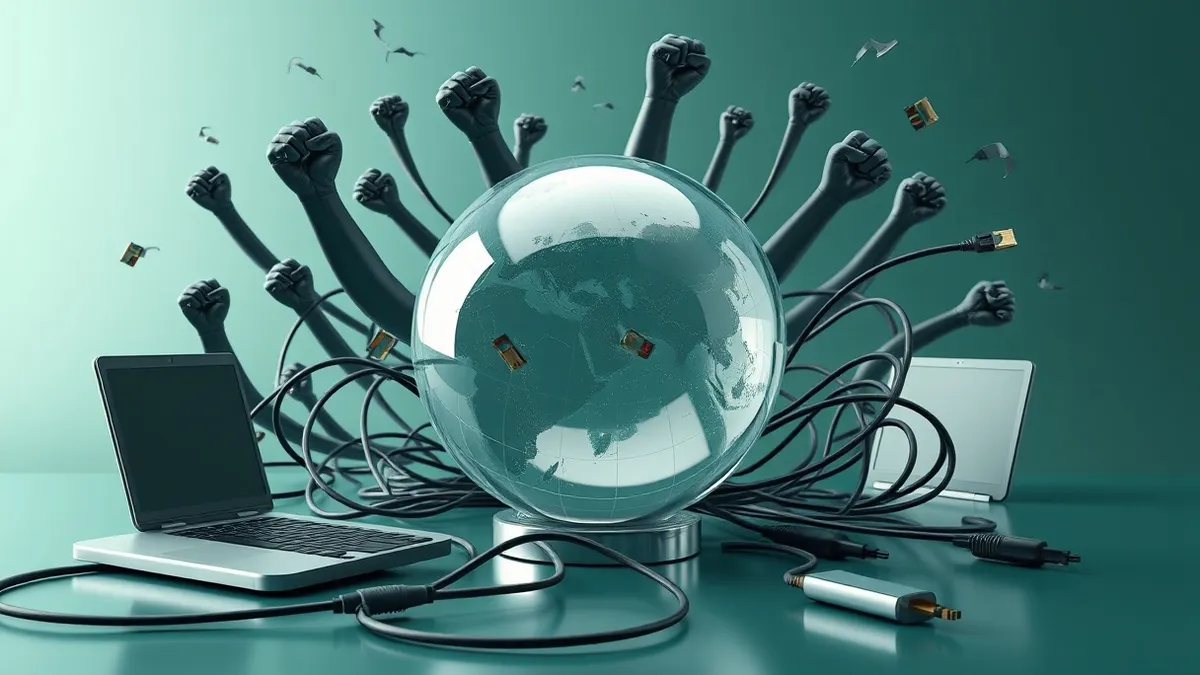 Illustration: A chaotic digital storm swirls around a fragile glass globe, blending political protest symbols like raised fists with sharp, aggressive cyber intrusion tools such as