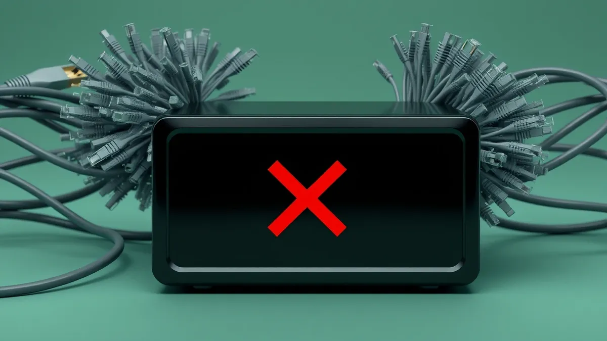 Illustration: A black metal firewall box sits between two tangled ethernet cables.