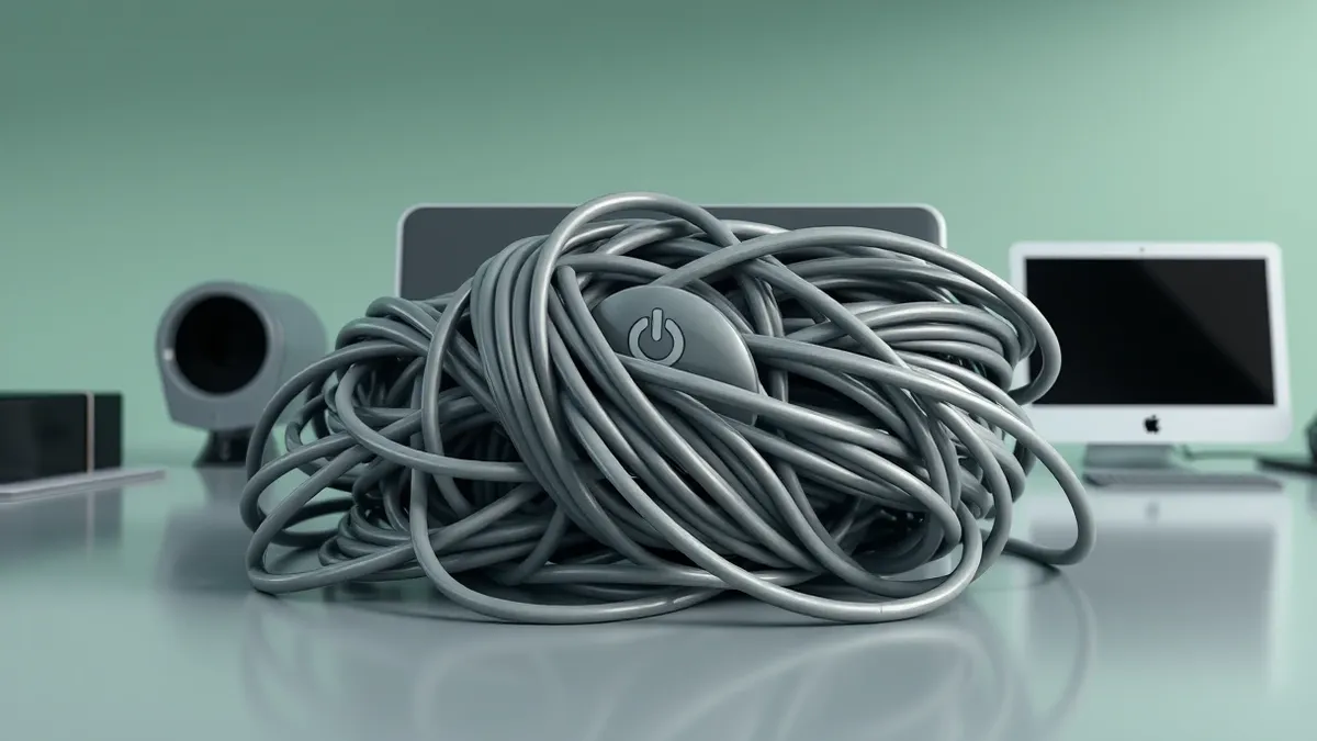 Illustration: A tangled knot of thick gray cables sits on a sleek desk, tightly bound and blocking a silver power button.