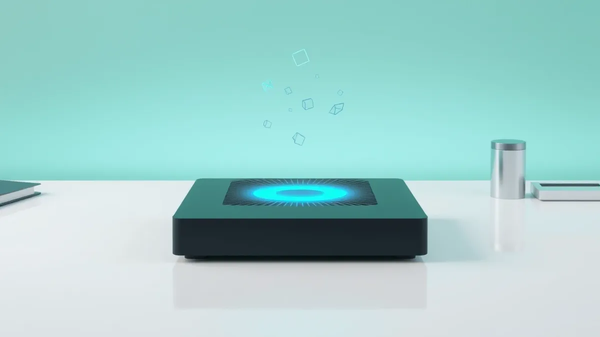 Illustration: A sleek black hardware accelerator tile sits on a clean white desk.