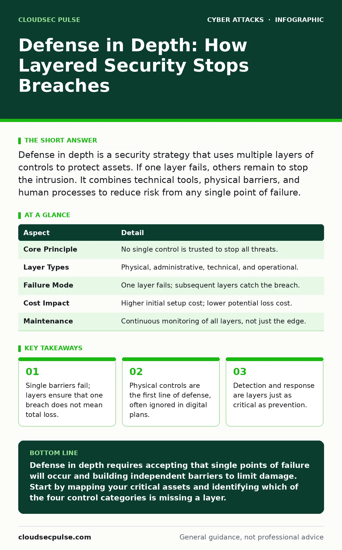 Infographic: Defense in Depth: How Layered Security Stops Breaches. Single barriers fail; layers ensure that one breach does not mean total loss. Physical controls are the first line of defense, often ignored in digital plans. Detection and response are layers just as critical as prevention. Human b