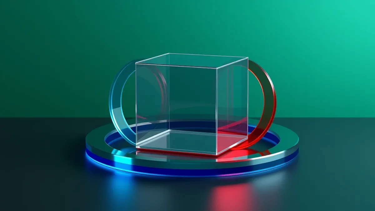 Illustration: A transparent glass box sits on a dark surface, surrounded by concentric rings of translucent blue and red material.