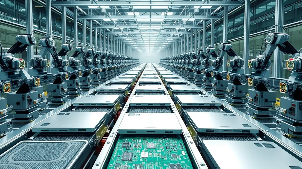 Illustration: A vast electronics factory floor stretches into the distance, filled with rows of automated robotic arms assembling blank laptop chassis.