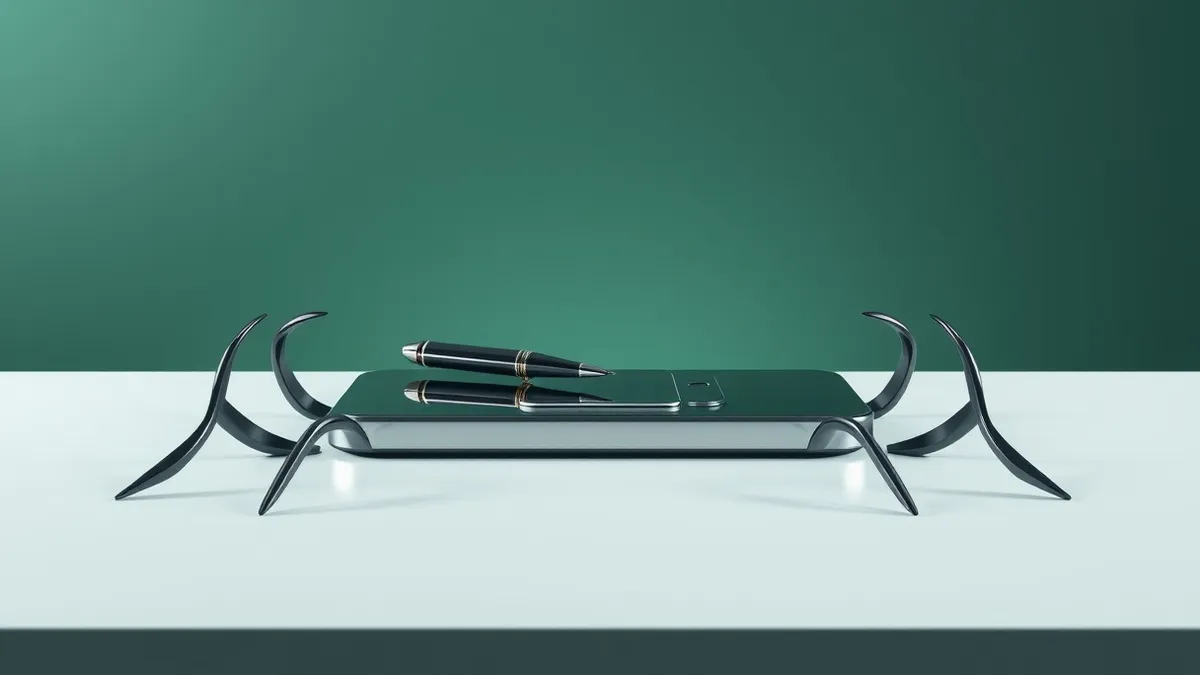 Illustration: A sleek executive desk holds a single smartphone and a fountain pen, while shadowy, jagged digital claws emerge from beneath the surface, reaching toward the phone to