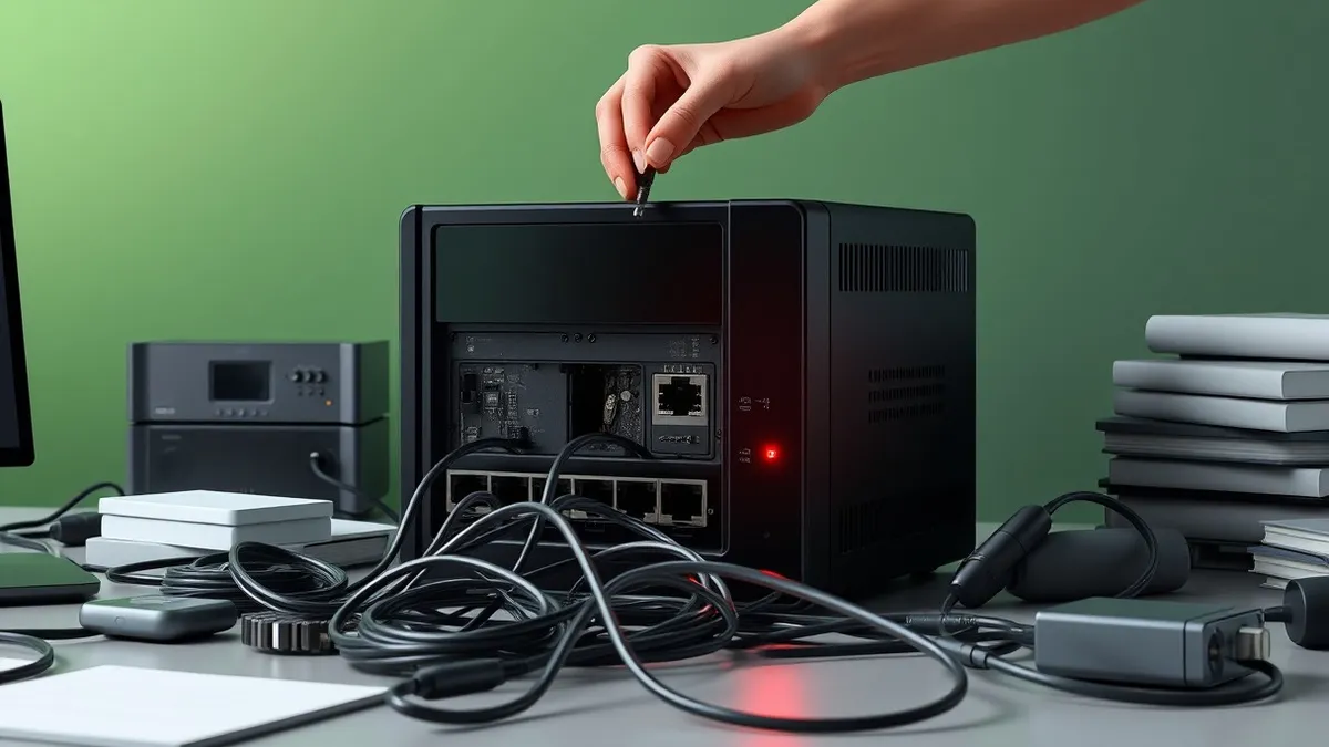 Illustration: A black network firewall sits on a messy desk with its front panel lights blinking red.