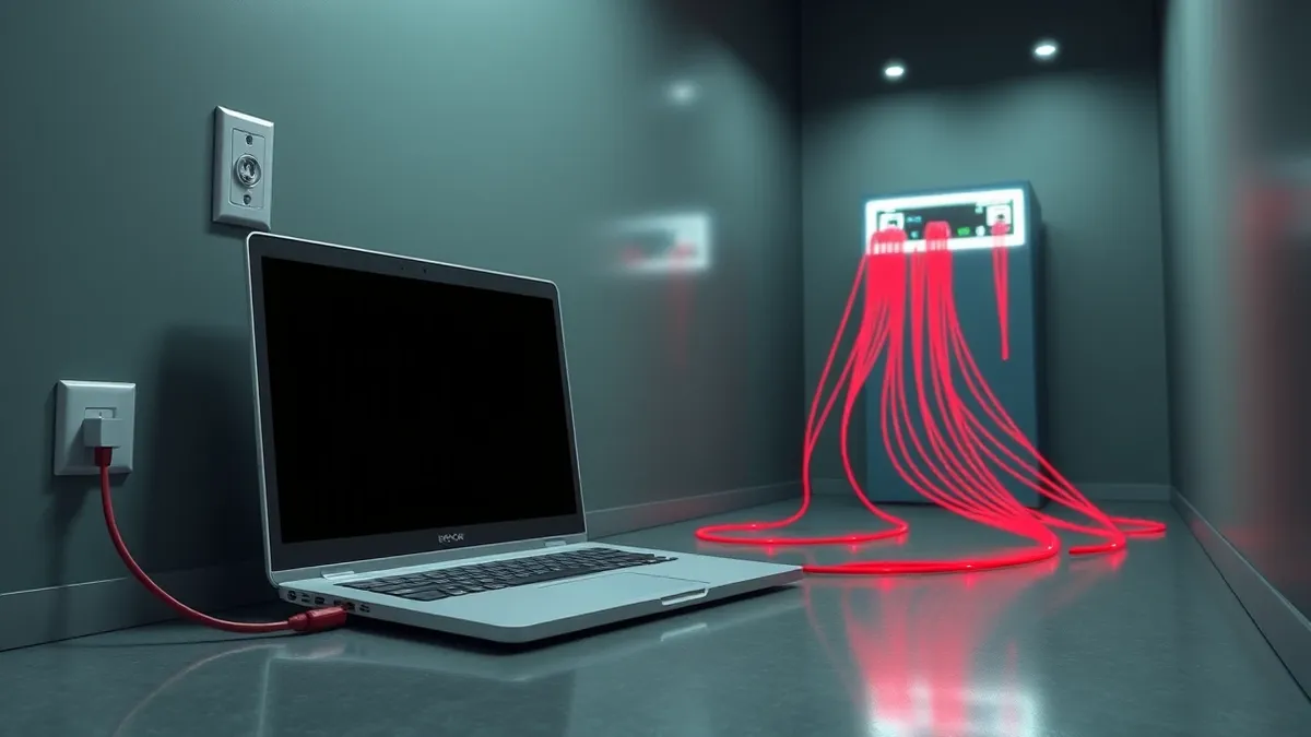 Illustration: A dusty, unregistered laptop sits plugged into a wall outlet in a dimly lit office corner.