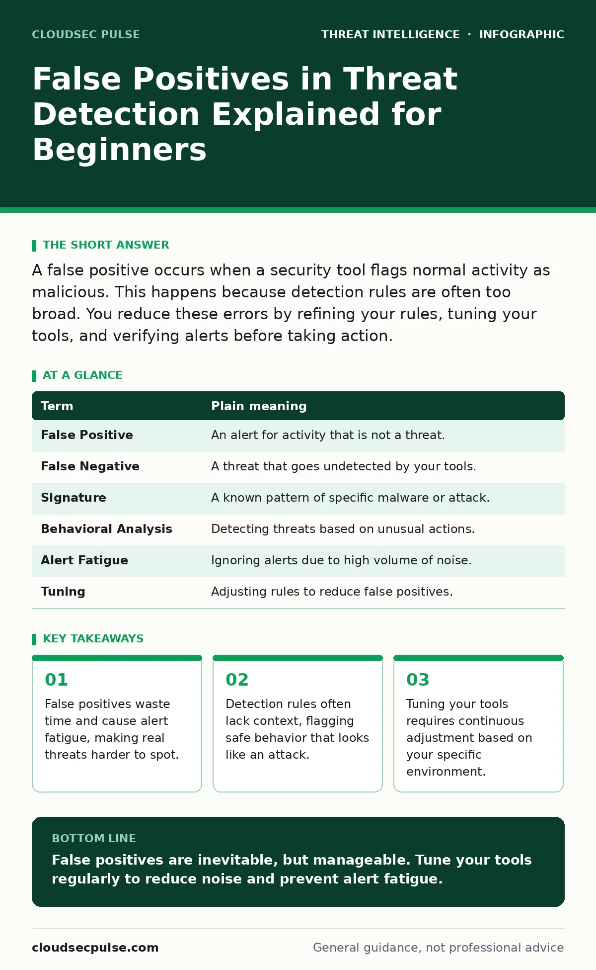 Infographic: False Positives in Threat Detection Explained for Beginners. False positives waste time and cause alert fatigue, making real threats harder to spot. Detection rules often lack context, flagging safe behavior that looks like an attack. Tuning your tools requires continuous adjustment bas