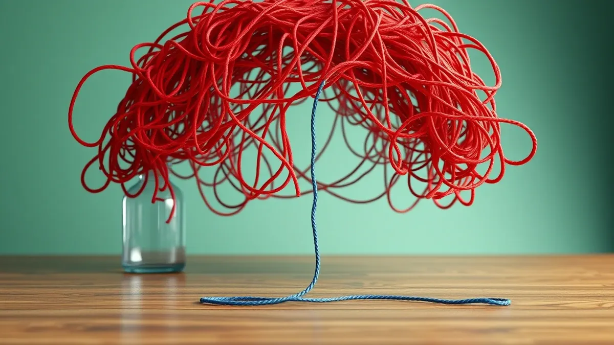 Illustration: A chaotic tangle of tangled red yarn strands overwhelms a single small blue string on a wooden table, illustrating how excessive noise drowns out the rare genuine sig