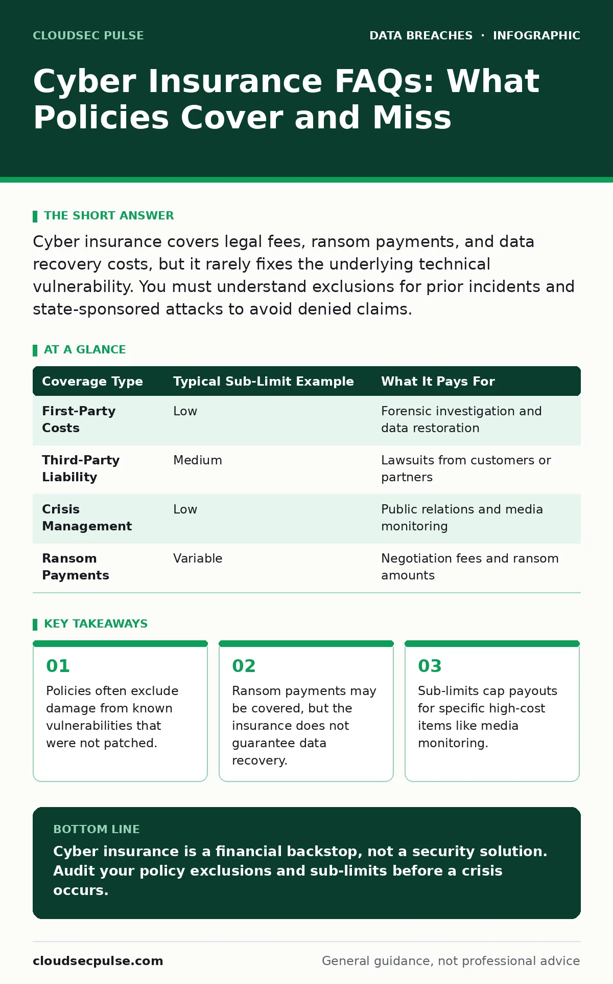 Infographic: Cyber Insurance FAQs: What Policies Cover and Miss. Policies often exclude damage from known vulnerabilities that were not patched. Ransom payments may be covered, but the insurance does not guarantee data recovery. Sub-limits cap payouts for specific high-cost items like media monitori