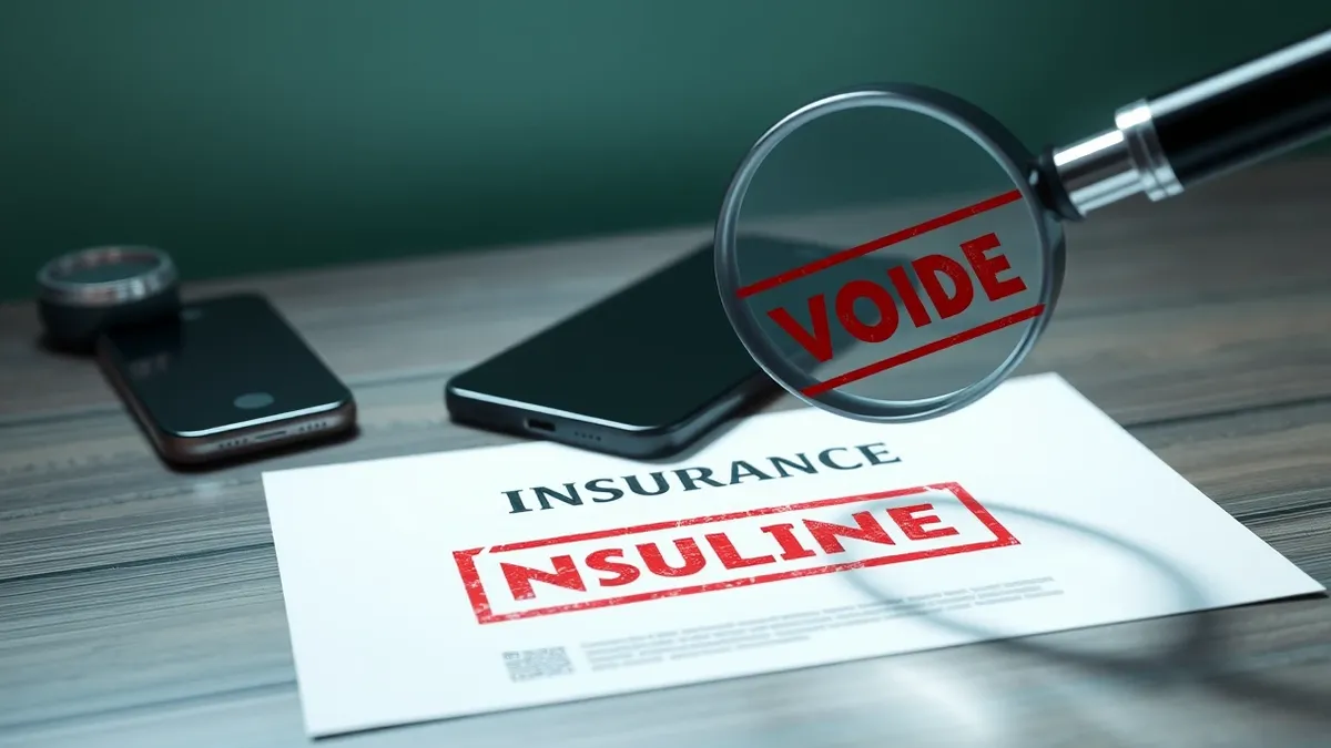 Illustration: A blank insurance policy document rests on a wooden desk next to a cracked smartphone and a red stamp marked void.