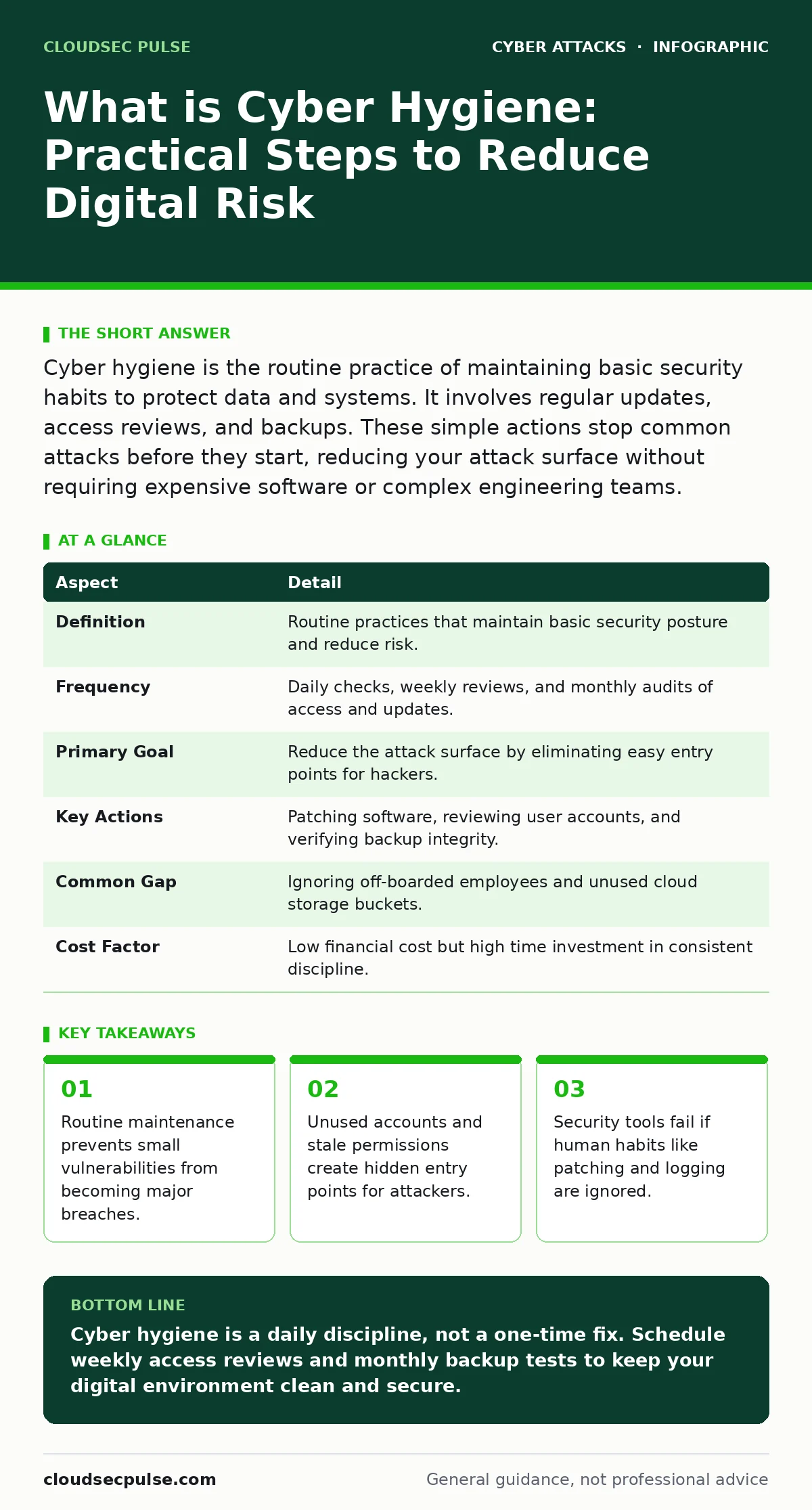 Infographic: What is Cyber Hygiene: Practical Steps to Reduce Digital Risk. Routine maintenance prevents small vulnerabilities from becoming major breaches. Unused accounts and stale permissions create hidden entry points for attackers. Security tools fail if human habits like patching and logging a