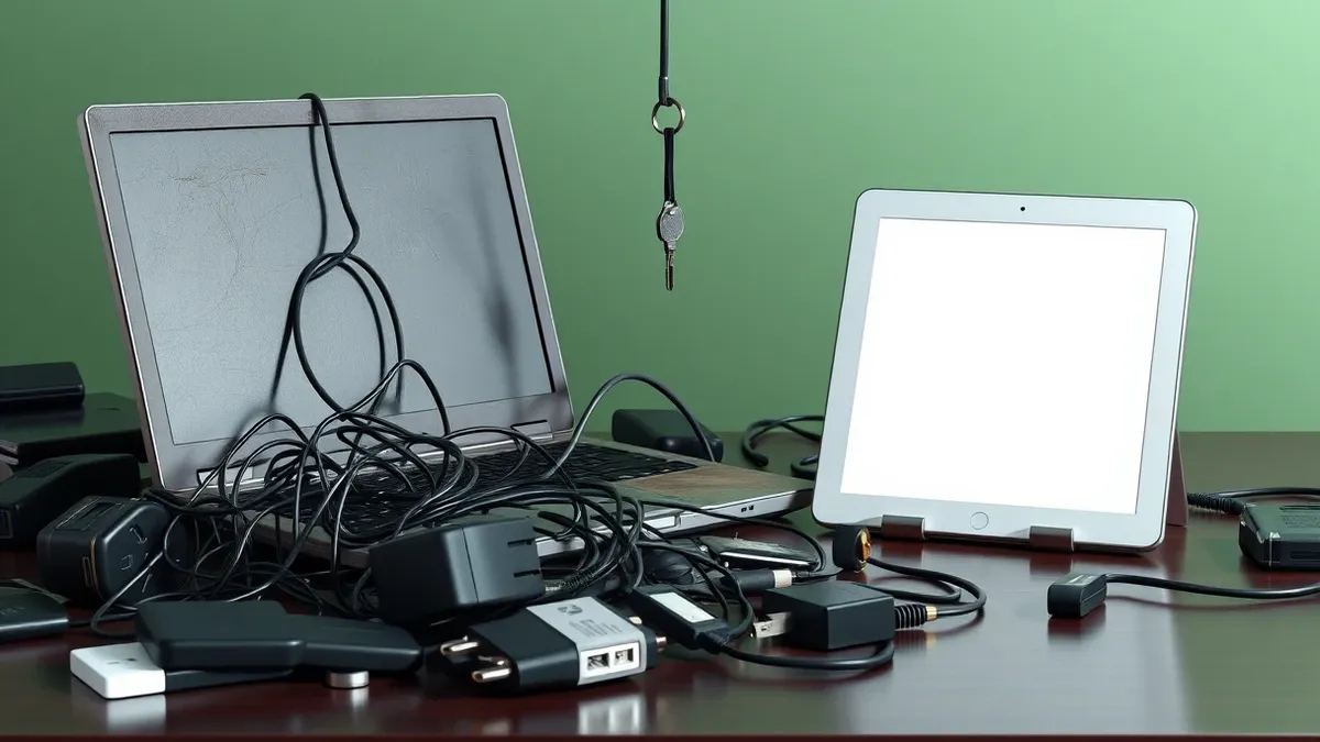 Illustration: A cluttered desk holds a dusty laptop with tangled cables and a single key hanging from a hook.