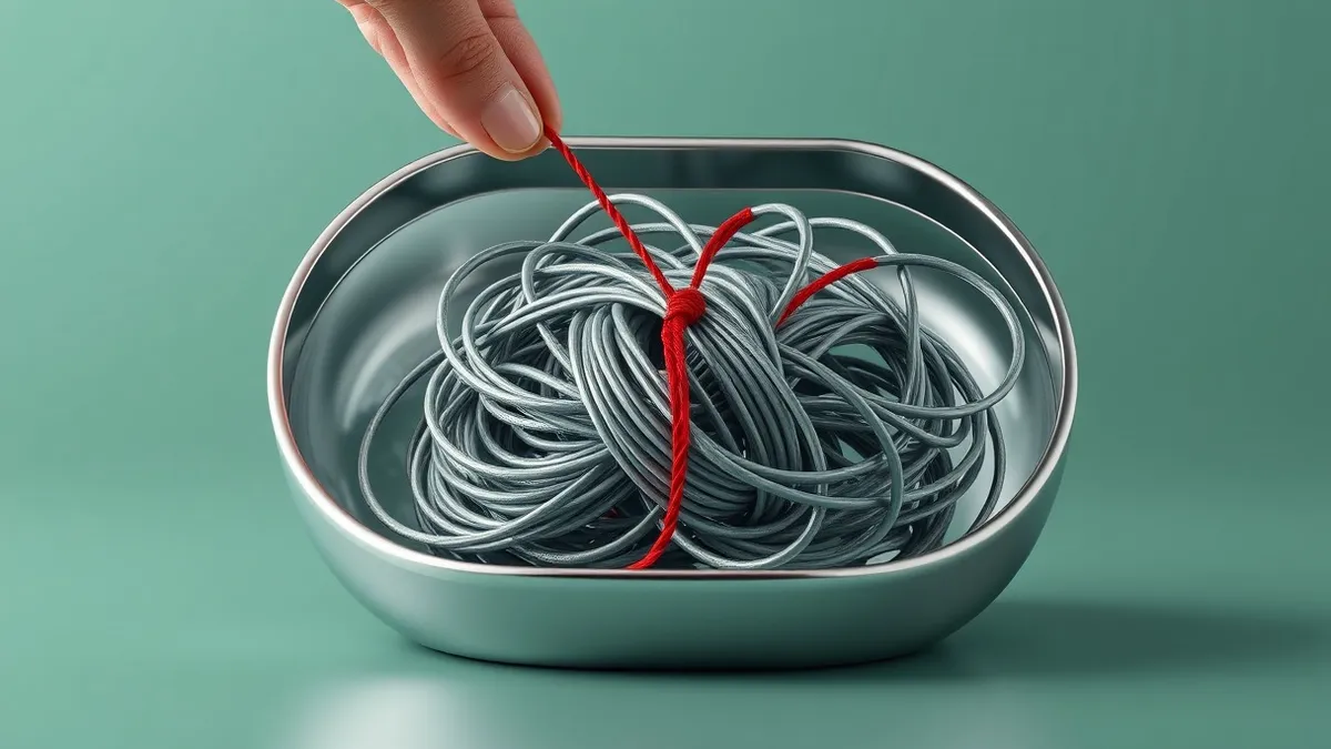 Illustration: A tangled nest of gray wire strings sits inside an open metal box, with one loose red thread being carefully tucked back into the weave by a single finger.