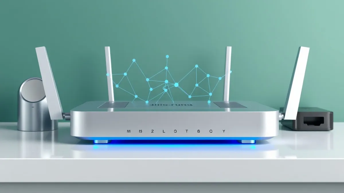 Illustration: A sleek silver router sits on a clean desk, its ports glowing with soft blue light as abstract geometric shapes flow through its internal pathways.