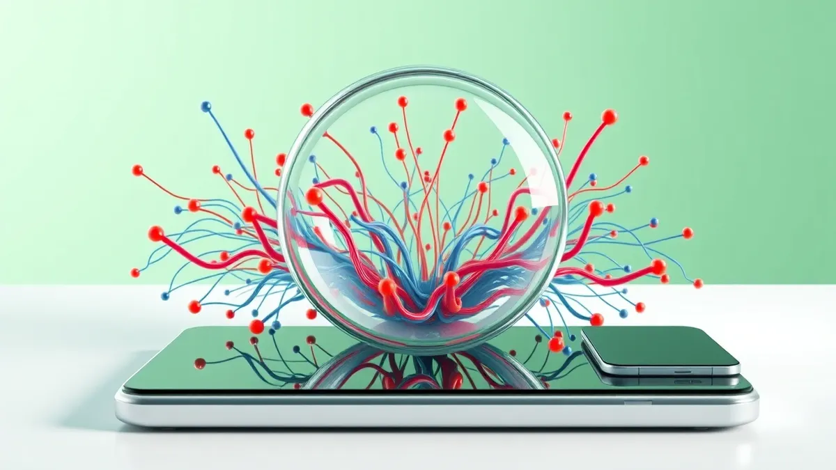 Illustration: A transparent glass lens hovers over a chaotic tangle of colorful data streams.