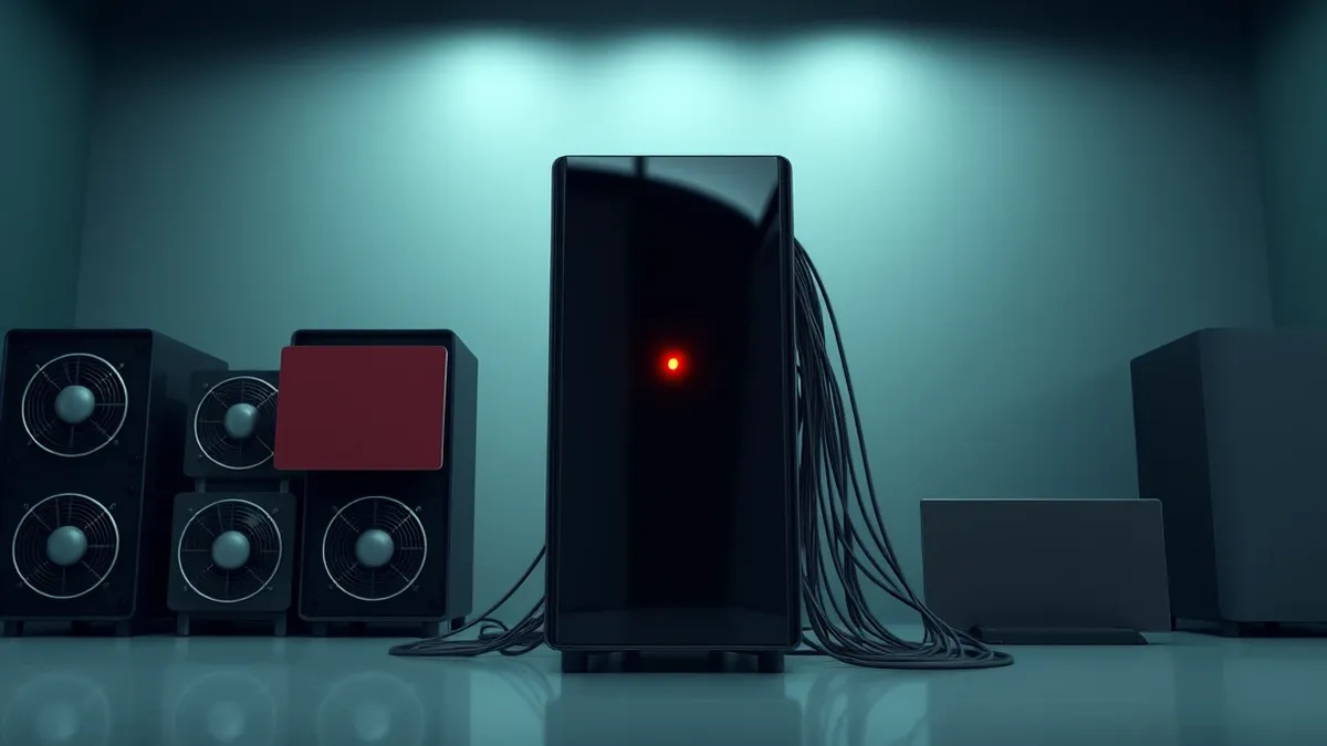 Illustration: A sleek black server tower sits in a dimly lit room with its cooling fans spinning rapidly.
