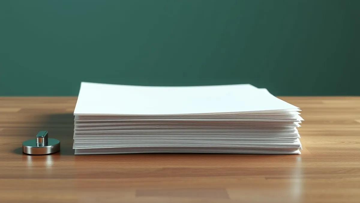 Illustration: A thick stack of crisp white paper files sits on a wooden table, scattered slightly by a gust of wind.