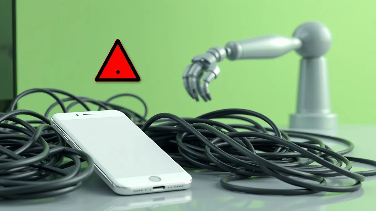 Illustration: A white smartphone rests on a cluttered desk next to a tangled mass of black cables.
